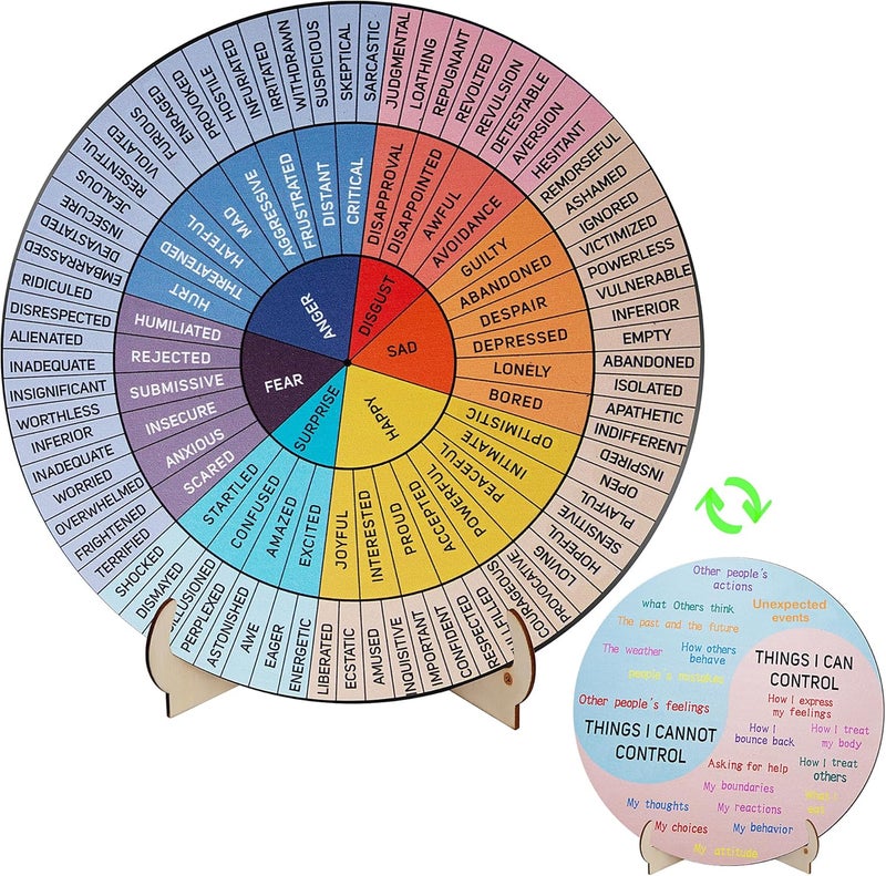Jeoronuly Feelings Wheel Therapy Office Decor, 9.7 Inches Diameter Large Double Sided Mental Health Decor Emotion Wheel with Stand, Wooden Coping Wheel Chart Gifts for School, Therapy Office, 2025 Upgrade - Image 1